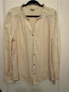 Wonderly Ivory Rayon Linen Blend Ruffle Neck Button Down Boho Blouse Size XL